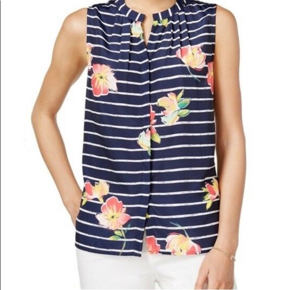 Maison Jules Striped Floral-print Top Blue